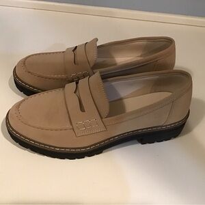 Womens Tan Suede Loafers with Black Soles